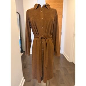 Liz Claiborne Women Brown Faux Suede Long Sleeve Belted Shirt Dress M